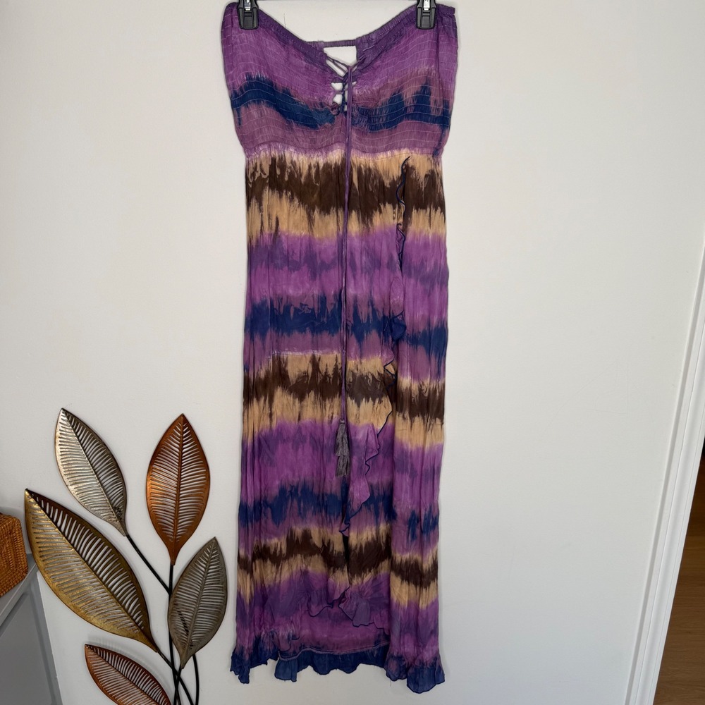 Tiare Hawaii Hollie Maxi Dress Purple Tie Dye Smocked Strapless Boho OS Slit